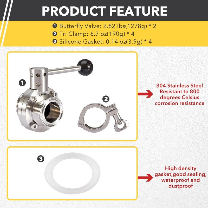 Pindex 2 Pack 2 Inch Heavy Duty Butterfly Valves with Pull Handle and 4 Pcs 2" 190g Heavy Duty Tri Clamp with Silicone Gasket 304 Stainless Steel Sanitary TC Fittings - Image 4